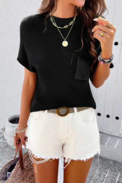 CCWHOLESALECLOTHING black ribbed knit loose top with short sleeves and chest pocket styled with white denim shorts
