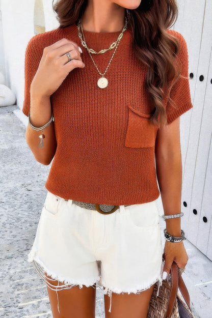 Rust short sleeve ribbed knit loose top with chest pocket styled with white frayed denim shorts and gold necklaces