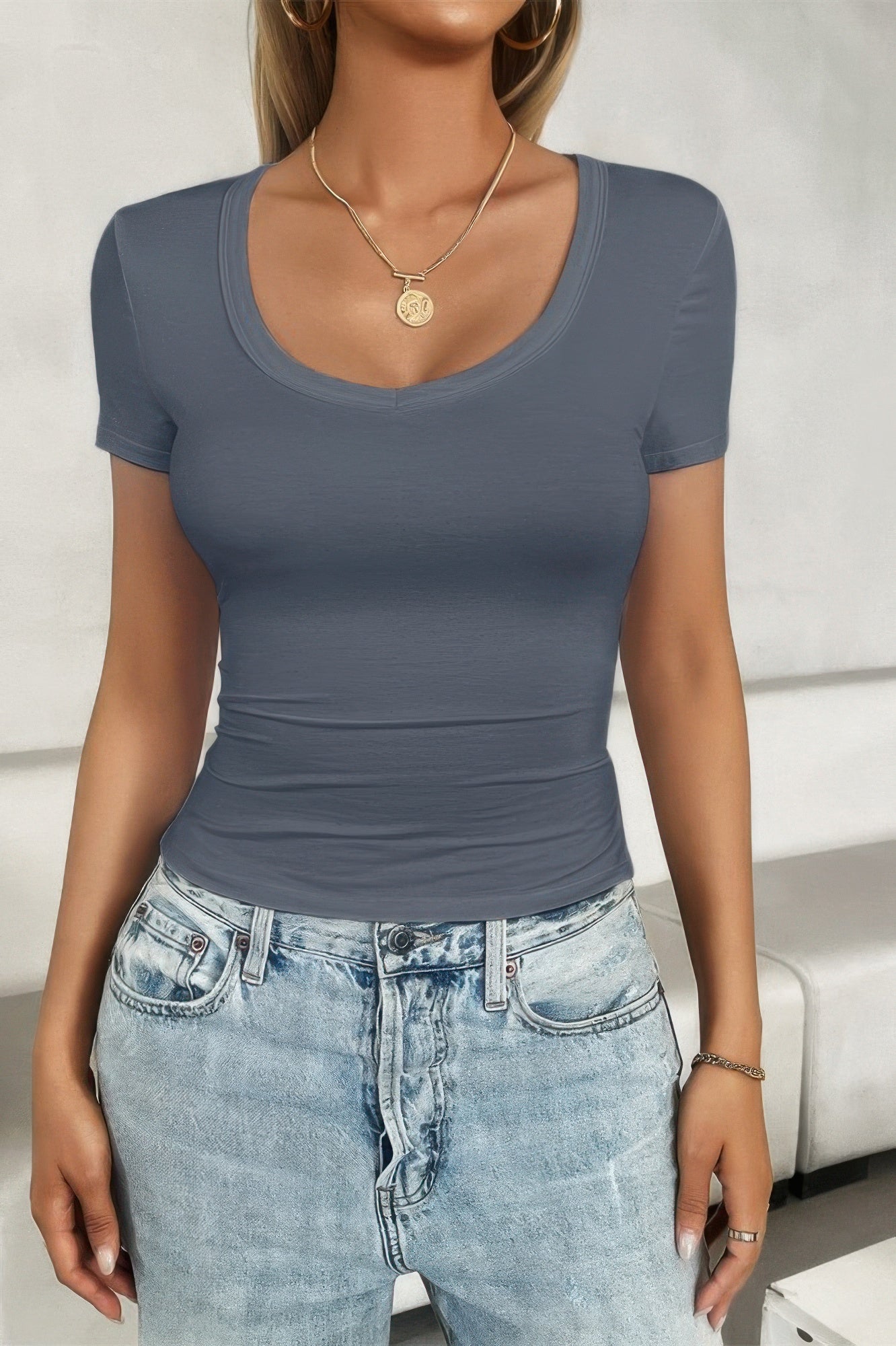 CCWHOLESALECLOTHING solid scoop neck t shirt fitted gray short sleeve tee paired with light wash jeans