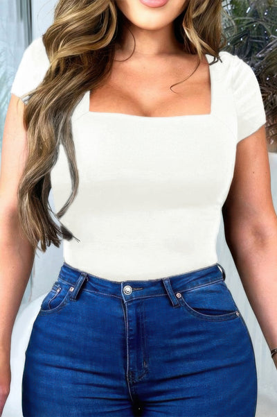 Fashions Envy white fitted square neck short sleeve shirt styled with high waisted jeans