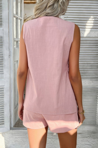 Back view of woman wearing pink V Neck Suit Short Sets sleeveless blazer top with matching shorts