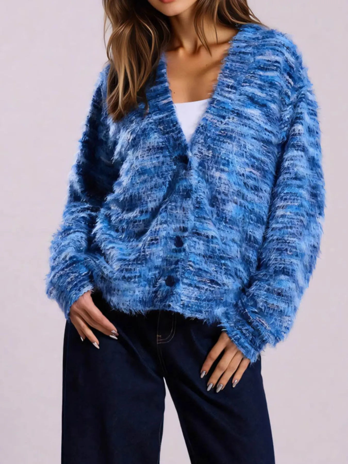 Trendsi blue fuzzy button down cardigan oversized V neck long sleeve with textured knit over white tank