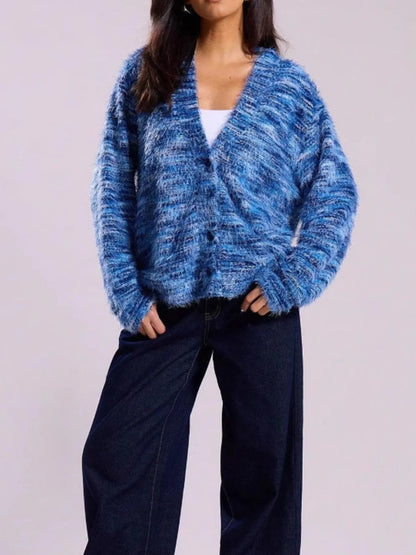 Trendsi blue marled fuzzy button down cardigan with V neck oversized fit cozy textured knit for layering