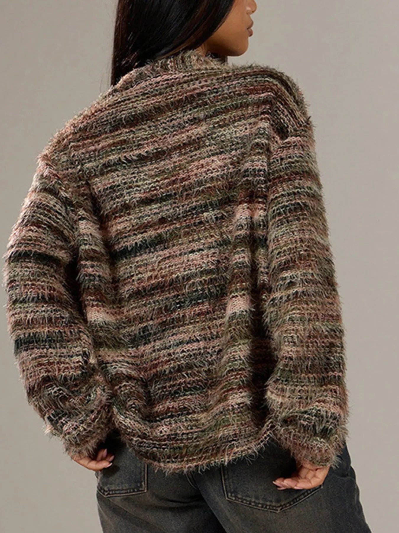 Trendsi fuzzy button down cardigan back view in multicolor fuzzy knit with relaxed fit long sleeves