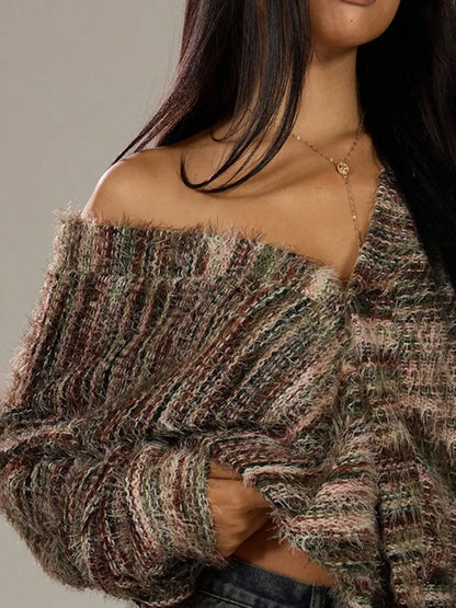 Trendsi fuzzy button down cardigan off shoulder striped cropped cozy knit in earth tones with gold necklace