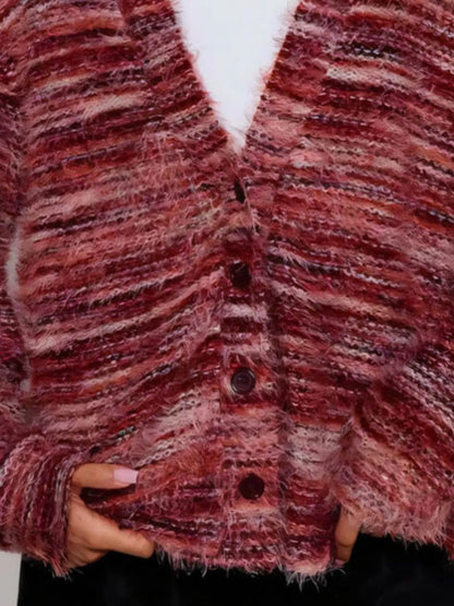Trendsi fuzzy button down cardigan in variegated rose and burgundy with V neck front buttons and long sleeves