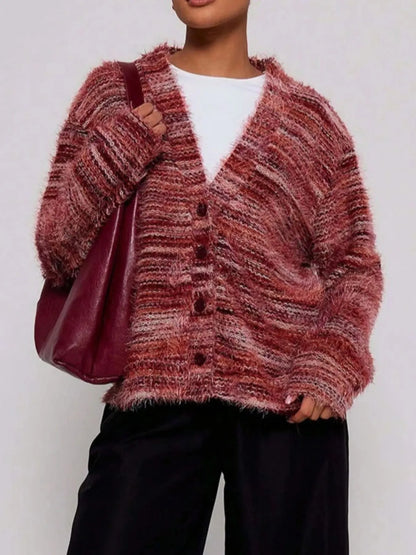 Trendsi maroon striped fuzzy button down cardigan with oversized fit and front buttons