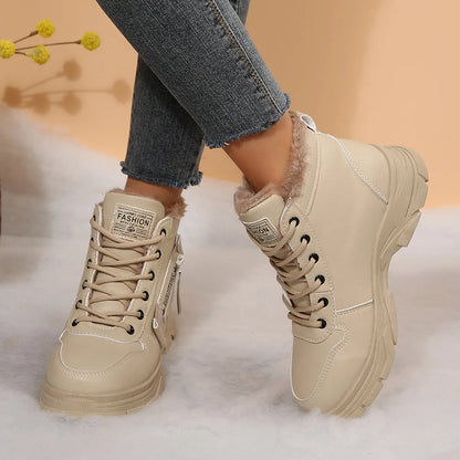 Trendsi beige lace up ankle Fleece Lined Winter Boots with faux fur collar side zipper and chunky sole