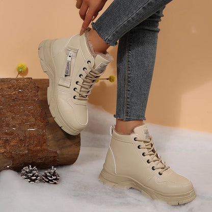 Trendsi beige lace up ankle Fleece Lined Winter Boots with side zipper and chunky lug sole for cold weather
