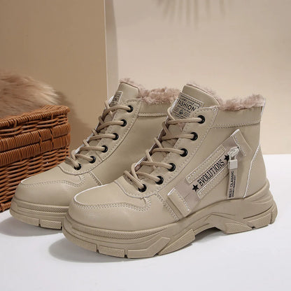 Trendsi beige Fleece Lined Winter Boots with faux fur collar chunky sole and lace up design