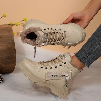 Trendsi beige lace up ankle Fleece Lined Winter Boots with faux fur collar and chunky tread sole for cold weather