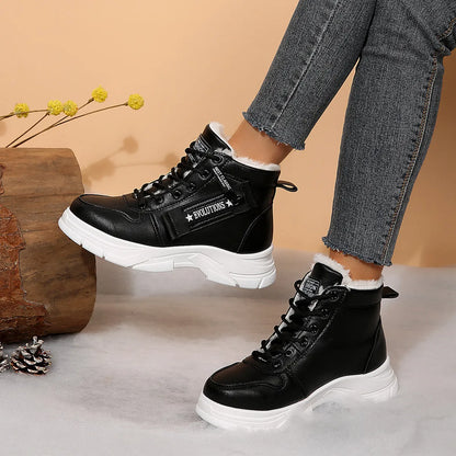 Trendsi black lace up high top boots with white faux fur collar and chunky white sole Fleece Lined Winter Boots