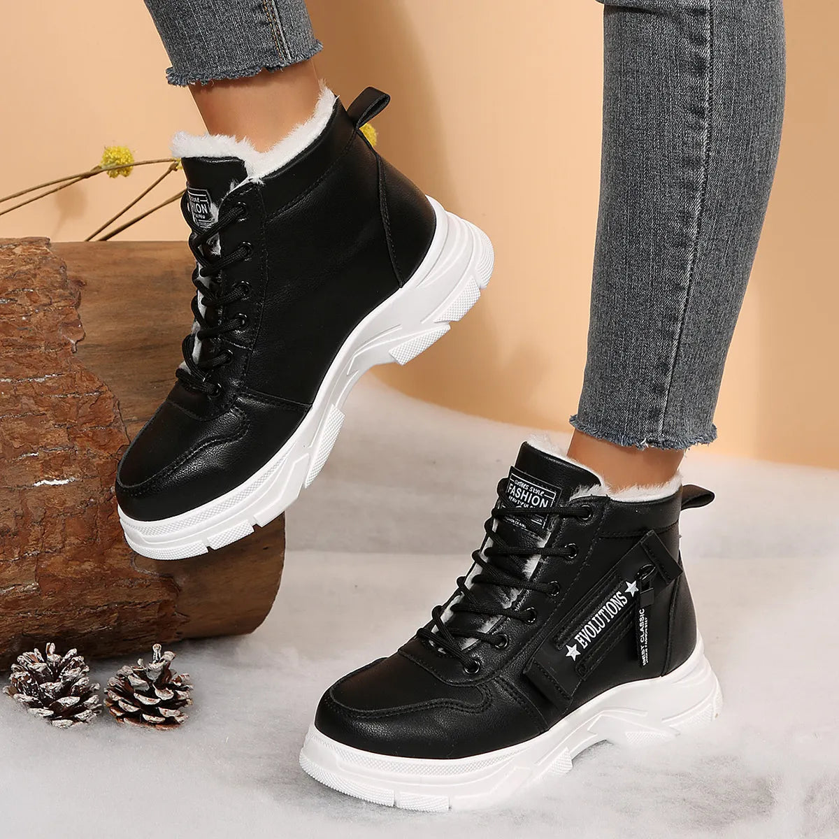 Trendsi black lace up Fleece Lined Winter Boots with white chunky sole and faux fur cuff
