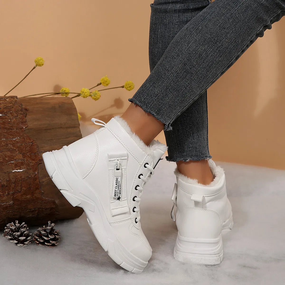 Trendsi white ankle Fleece Lined Winter Boots with side zipper faux fur collar and chunky sole