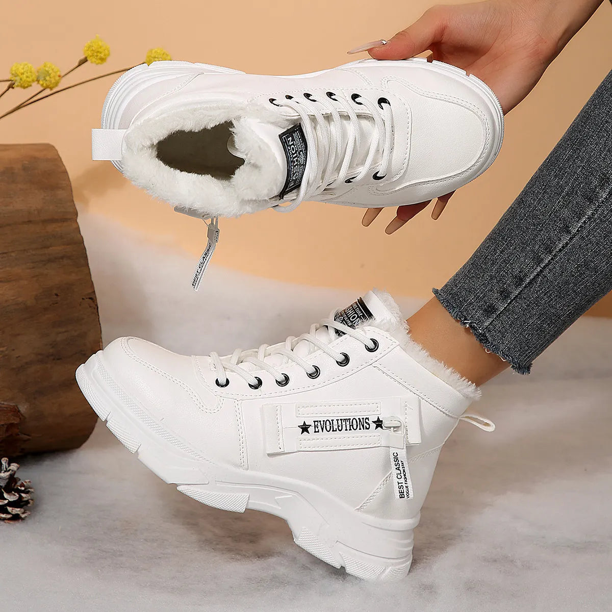 Trendsi white ankle sneaker style Fleece Lined Winter Boots with faux fur cuff and chunky tread sole