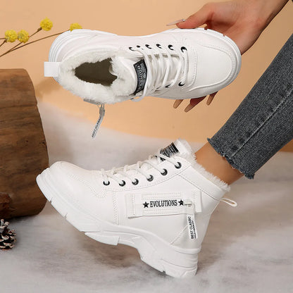 Trendsi white ankle sneaker style Fleece Lined Winter Boots with faux fur cuff and chunky tread sole