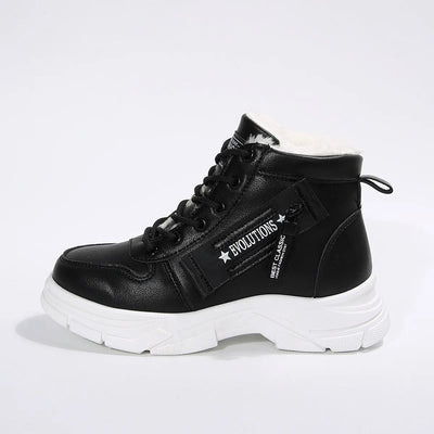 Trendsi black lace up ankle sneaker boot with white chunky sole and faux fleece lining Fleece Lined Winter Boots