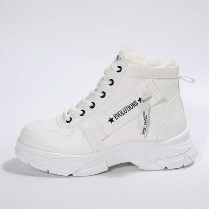 White Trendsi Fleece Lined Winter Boots high top lace up with faux fur cuff and chunky sole