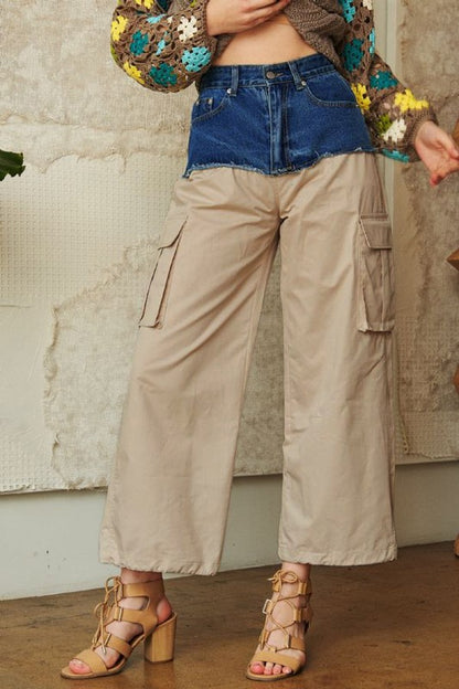 Khaki Denim Patchwork Wide Leg Pants with Cargo Pockets