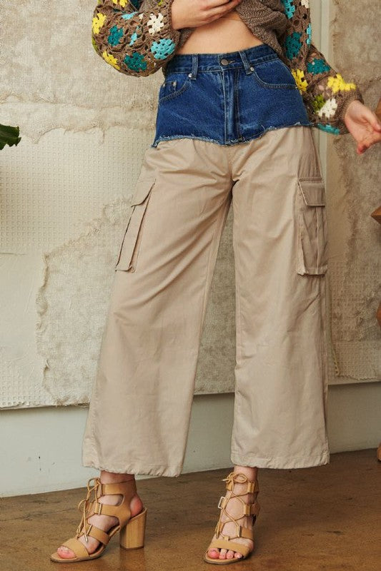 Khaki Denim Patchwork Wide Leg Pants with Cargo Pockets