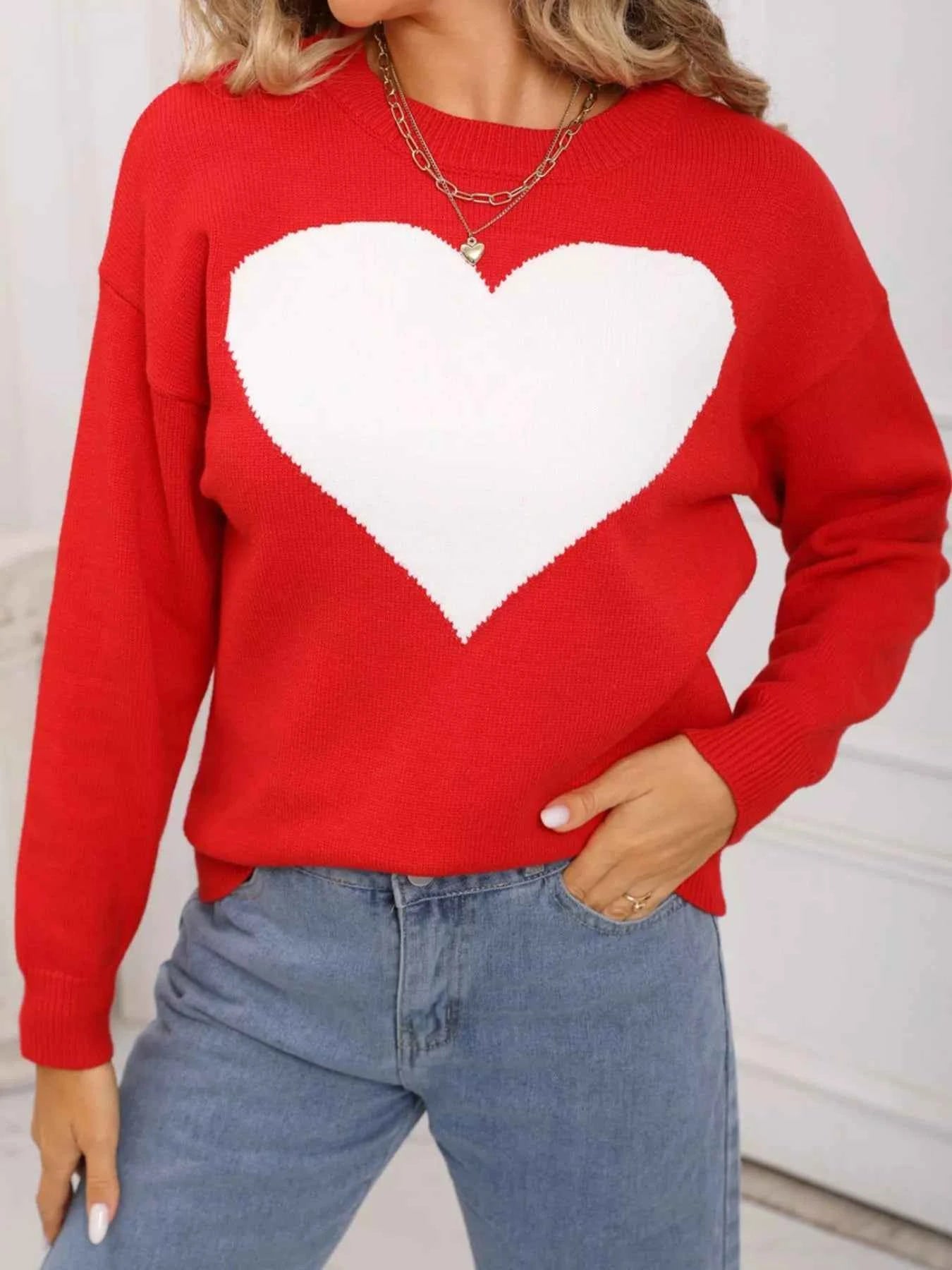 Valentine's Day Heart Round Neck Dropped Shoulder Sweater - Fashions Envy