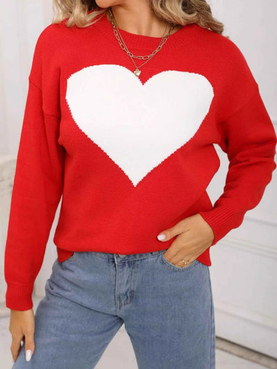 Valentine's Day Heart Round Neck Dropped Shoulder Sweater - Fashions Envy