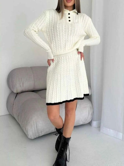 Cable Knit Long Sleeve Top and Skirt Sweater Set