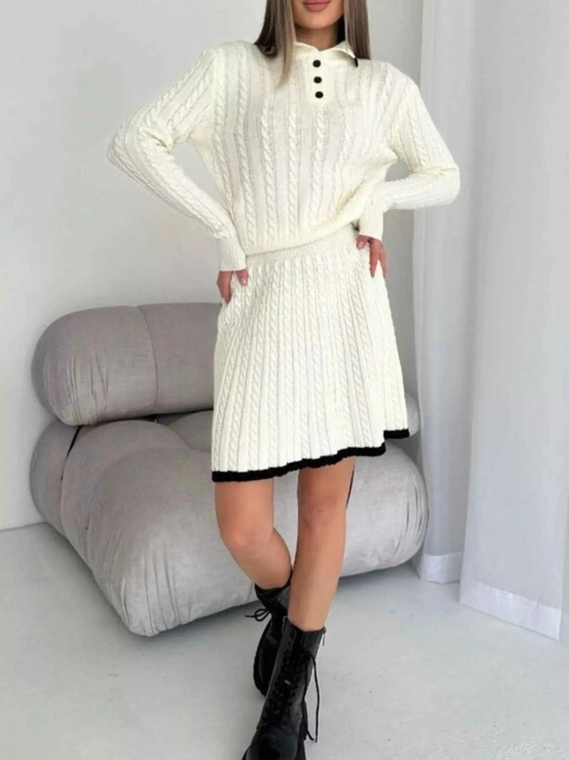 Cable Knit Long Sleeve Top and Skirt Sweater Set