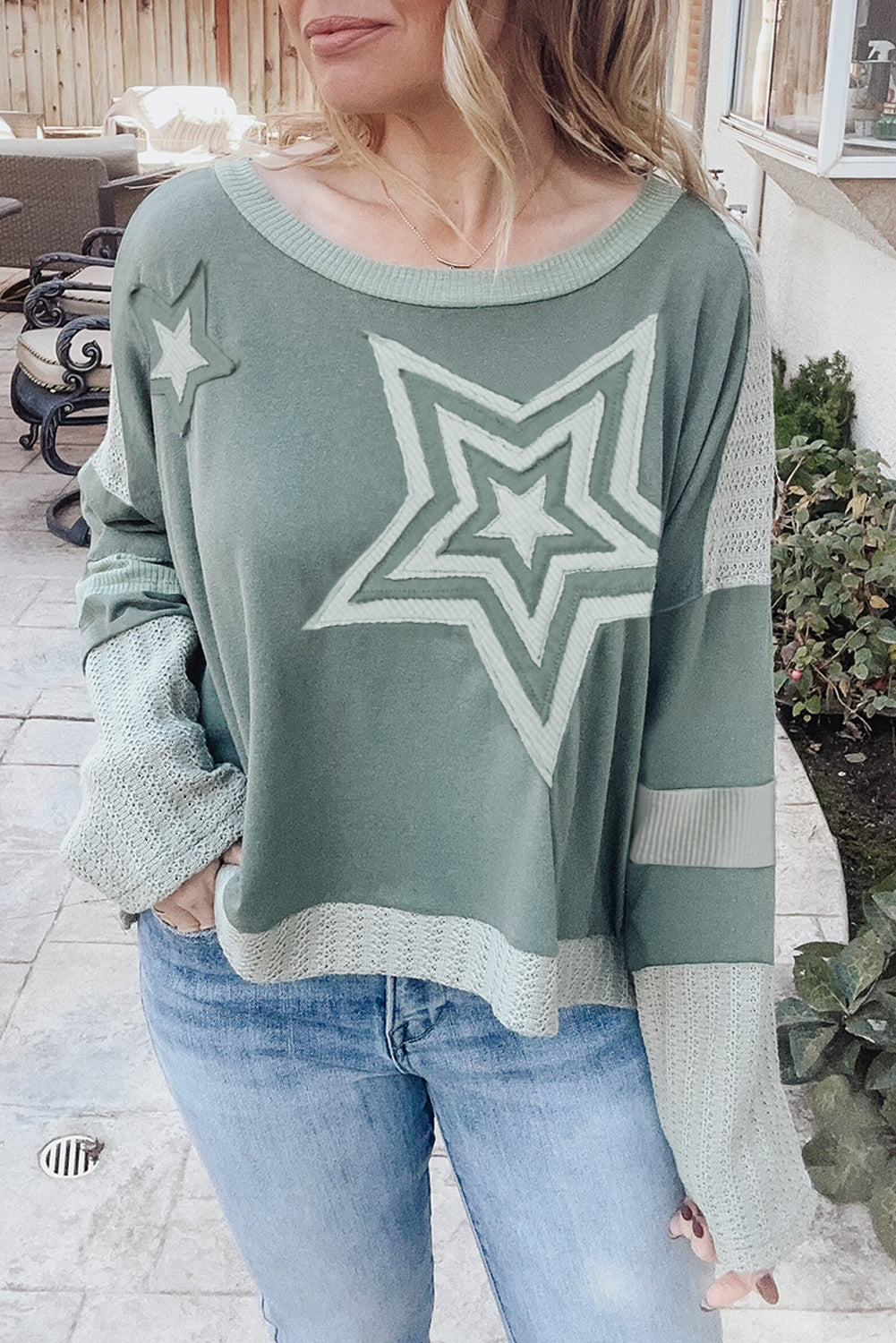 Mist Green Stars Patchwork Round Neck Plus Size T Shirt