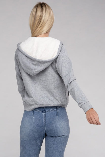 Fuzzy Trim Zip-Up Cropped Length Hoodie