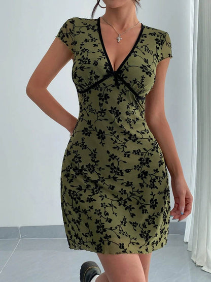 Printed V-Neck Short Sleeve Mini Dress - Cute Bow Detail Summer Dress - Fashions Envy