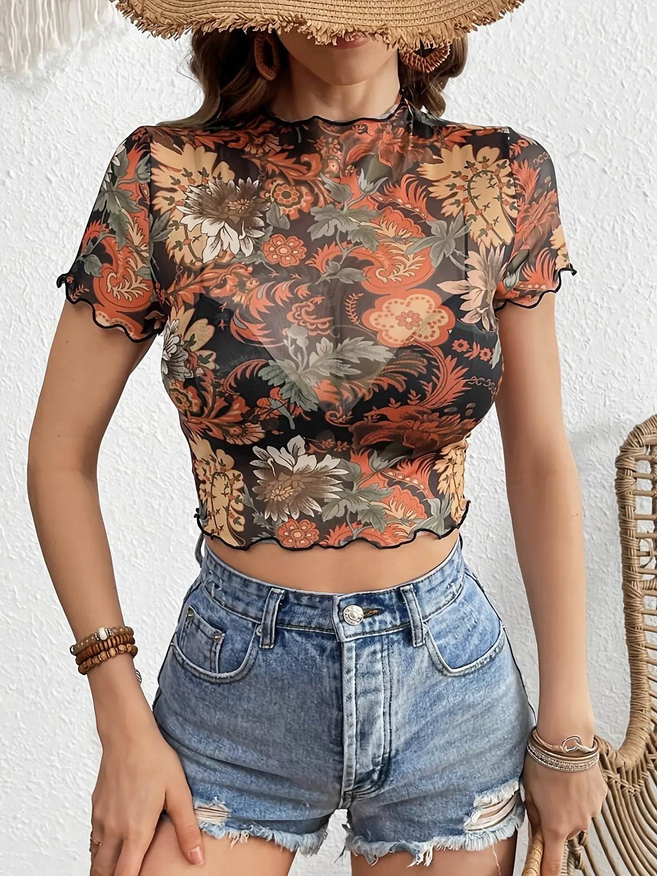 Floral Mesh Crop Top with Lettuce Trim - Sheer Feminine Top - Fashions Envy