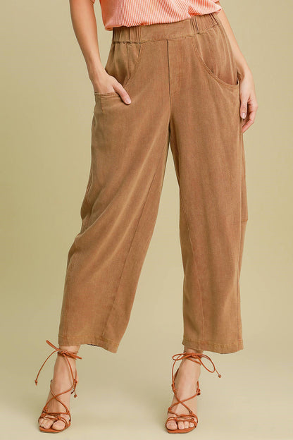 Caramel Elastic Waist Baggy Fit Pants with Pockets