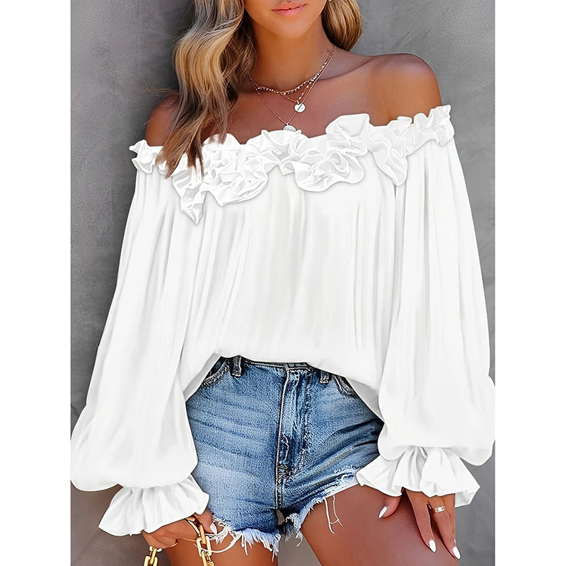Women's Summer Off Shoulder Ruffle Long Sleeve Blouse - Casual Loose Top