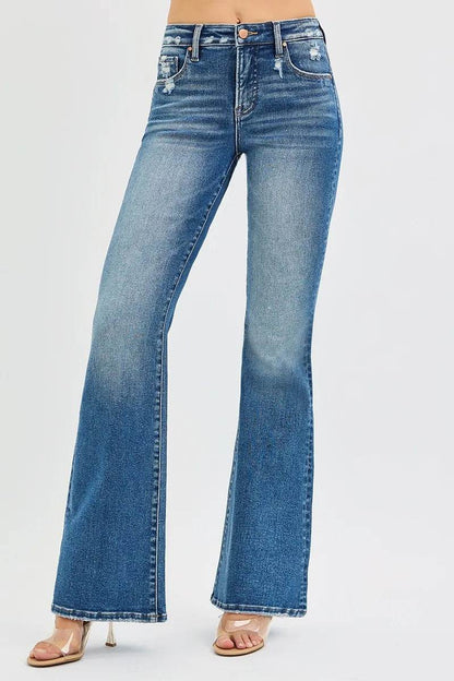RISEN Full Size Tummy Control High Rise Flare Jeans Plus Size - Fashions Envy
