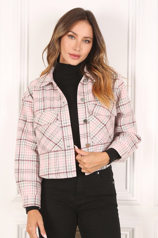 Pink Plaid Long Sleeve Cropped Jacket