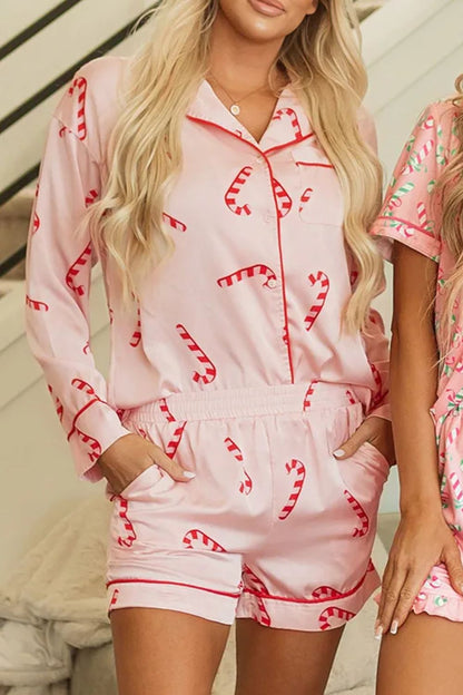 Candy Cane Collared Neck Long Sleeve Top and Shorts Lounge Set