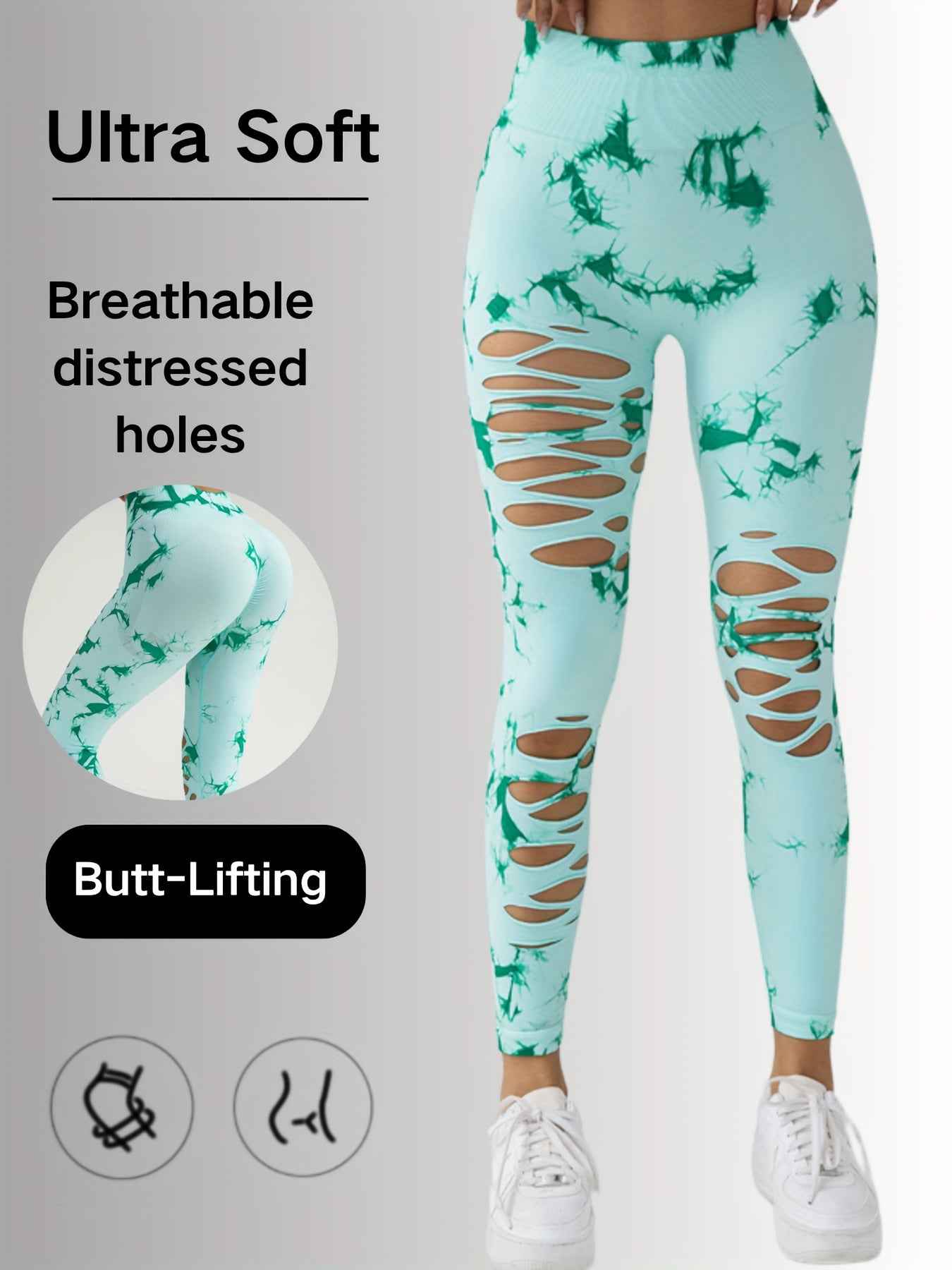 High-Waisted Yoga Leggings - Hollow-Out Tie-Dye Design
