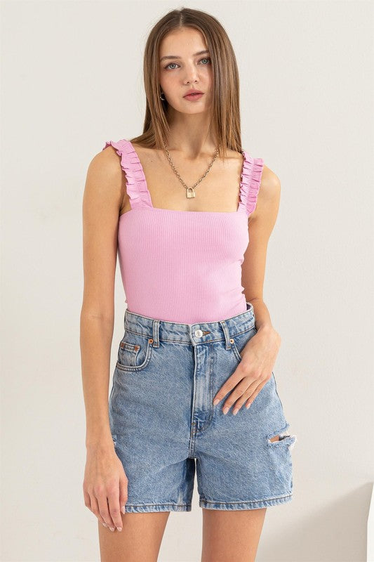 Ribbed Square Neck Ruffle Sleeveless Strap Bodysuit