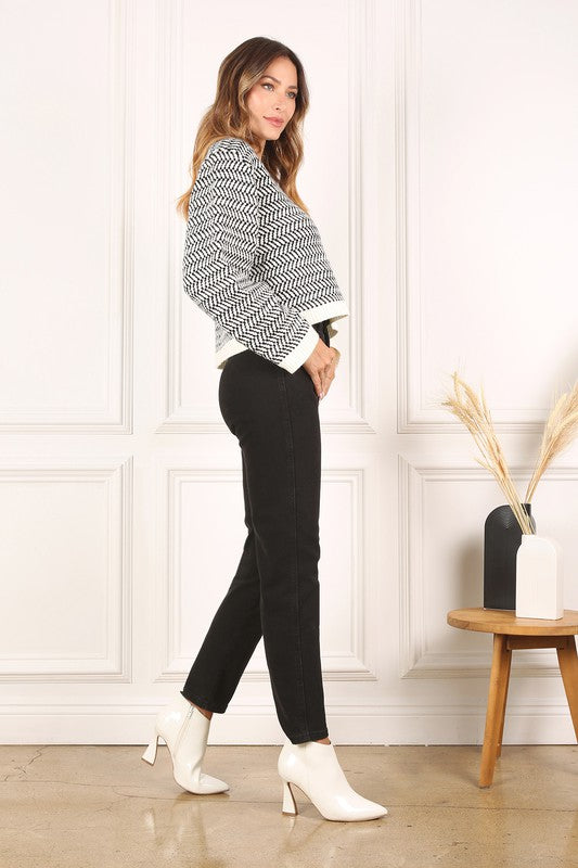 Herringbone Pattern Crew Neck Long Sleeve Sweater