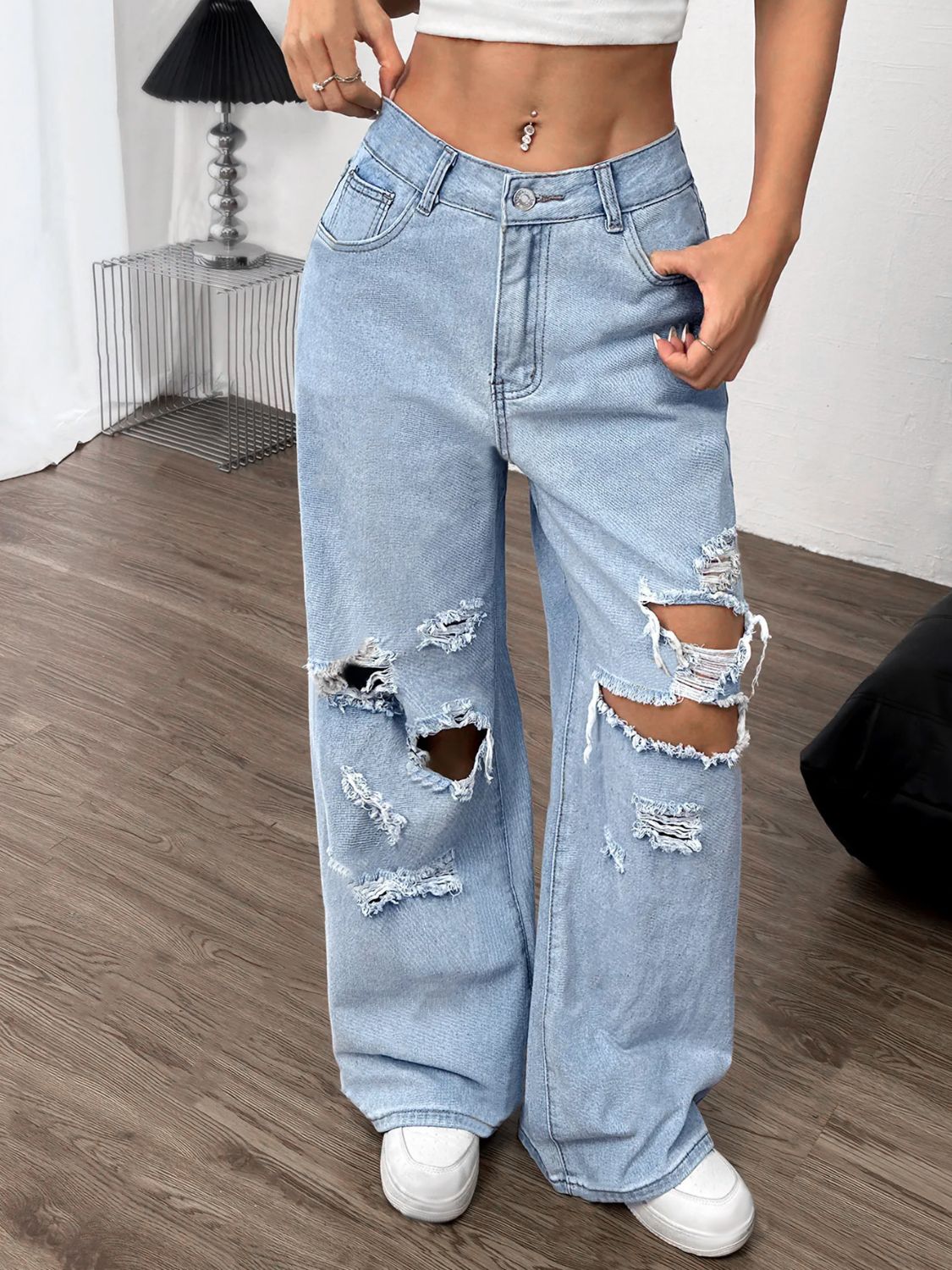 Light Denim Distressed Wide Leg Jeans with Pockets