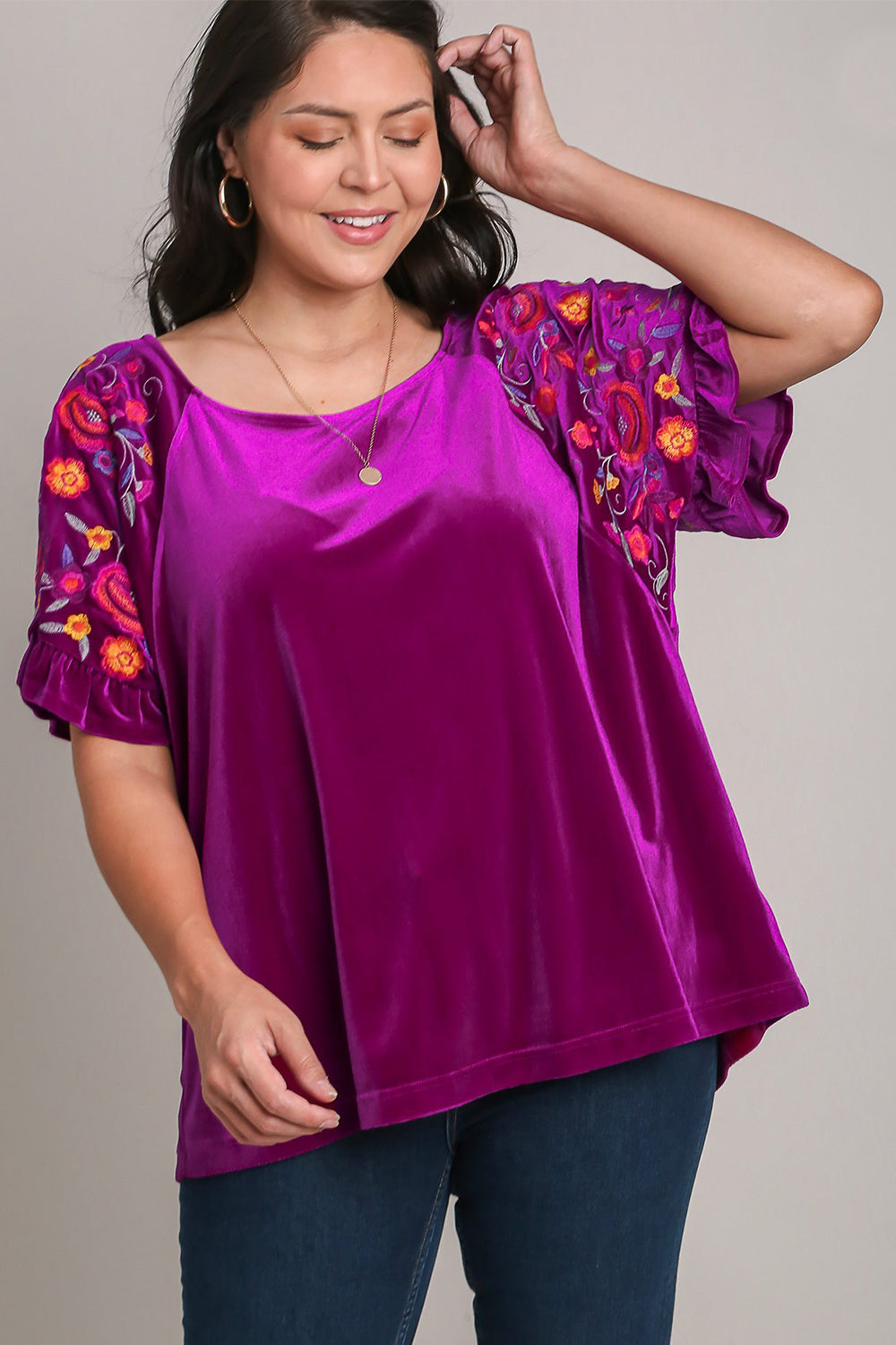 Violet Full Size Velvet Embroidery Short Sleeve Blouse