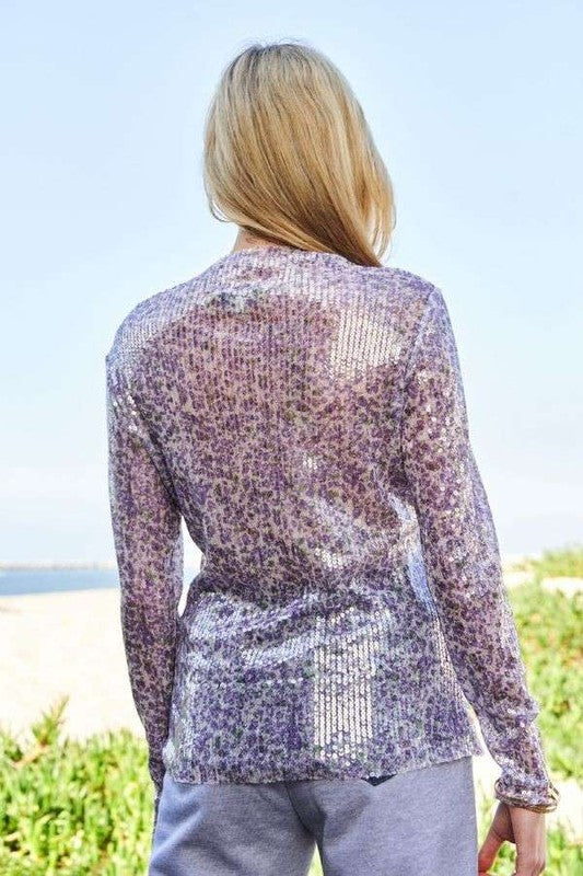 Sequin Mock Neck Long Sleeve Mesh Top