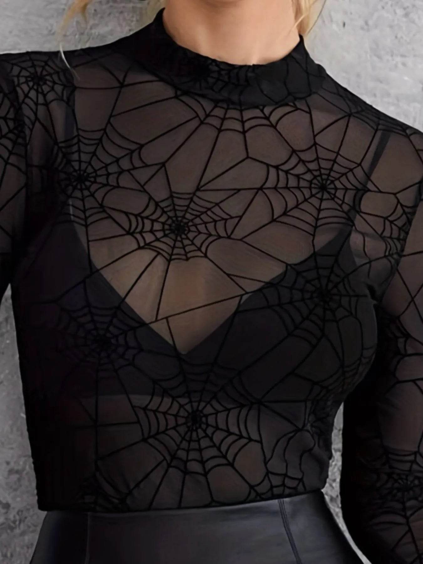 Spider Web Print Long Sleeve Blouse - Sheer Mesh Halloween Top - Fashions Envy
