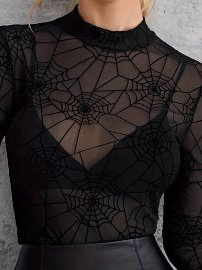 Spider Web Print Long Sleeve Blouse - Sheer Mesh Halloween Top - Fashions Envy