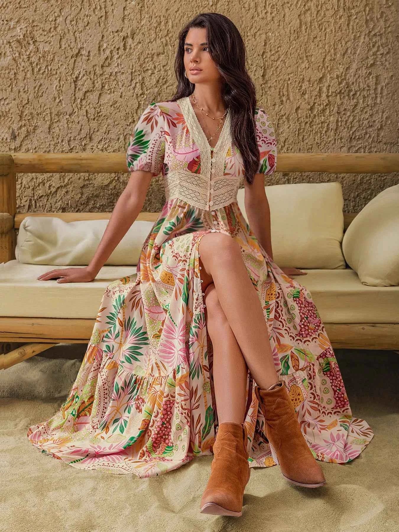 Lace Trim Floral Print Puff Sleeve Dress