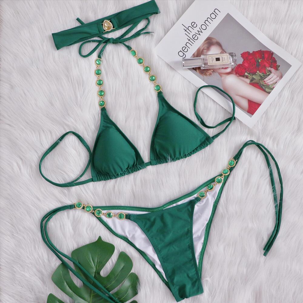Diamond Embellished Bikini - Retro Swimsuit with Headband