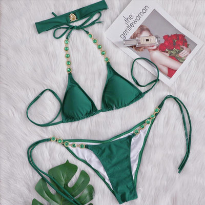 Diamond Embellished Bikini - Retro Swimsuit with Headband