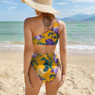 Floral Bikini Set - Yellow One Shoulder High Waist