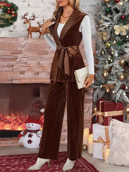 Velvet Two-Piece Set - Tie Waist Vest & Wide Leg Pants - Fashions Envy